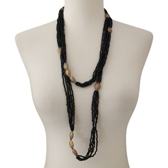 Multi Strand Beaded Necklace LONG 60" Black Seed Beads Brass Colored Stations - Picture 6 of 16